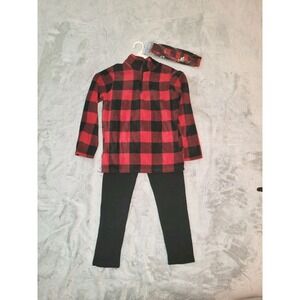 Btween Girls Size 7 Buffalo Plaid 1/4 Zip Fleece Black Pants Matching Headband
